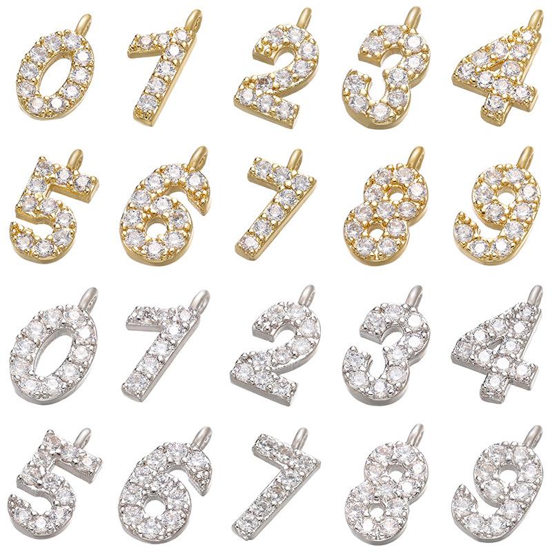

Charms 10 Pcs/set Cubic Zircon Digital Number Small Custom Charm Pendants Classic Simple Gold Color Copper DIY Jewelry Making, Bronze;silver