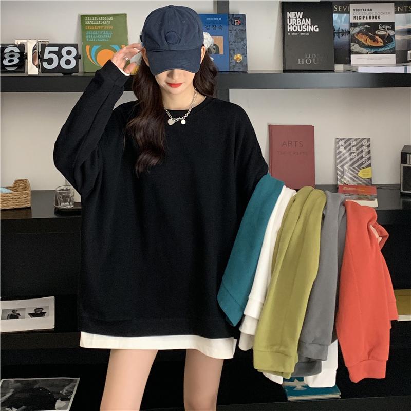 

Women's Hoodies & Sweatshirts Fashion Spring Autumn Round Neck Pullover Solid Color Loose Splicing Office Lady WOMEN Long Sleeve Tenafeicc, Black