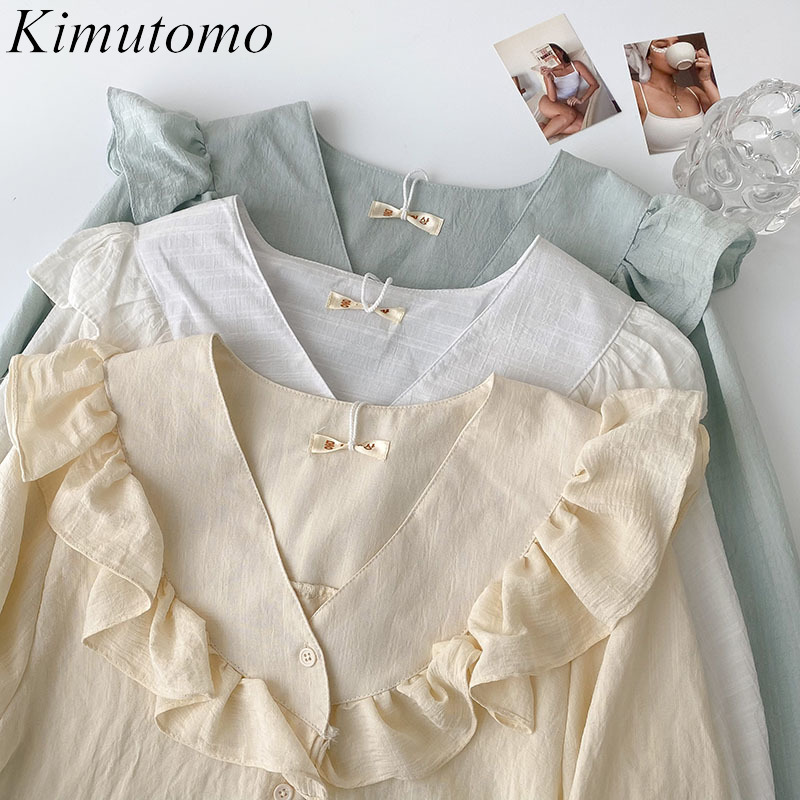 

Kimutomo Gentle Blouse Spring Women Clothing Korean Style Female V-neck Long Sleeve Single Breasted Shirt Elegant 210521, Apricot