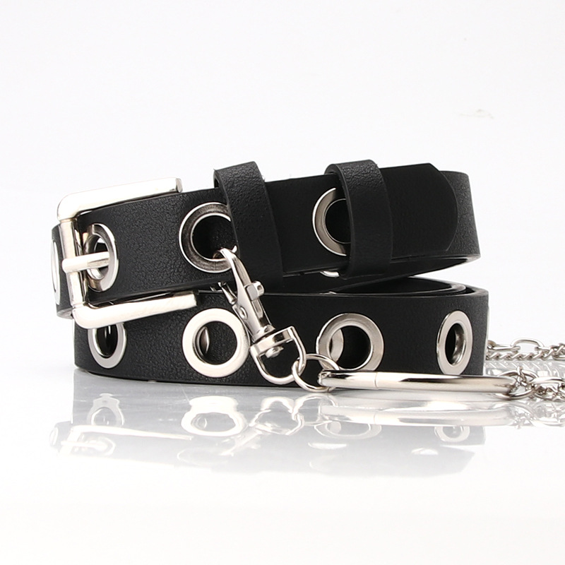 

European and American Hot Rock Circle Chain Full Hole Belt Womens Simple All-Match Punk Concave Shape Pants Belt Retro, Black