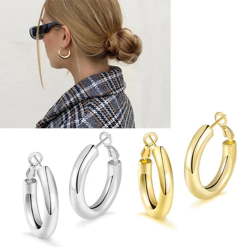 

Hoop & Huggie Thick Gold Earrings - Lightweight Chunky Hoops For Women Hypoallergenic Big Howllow Tube Earring 30mm