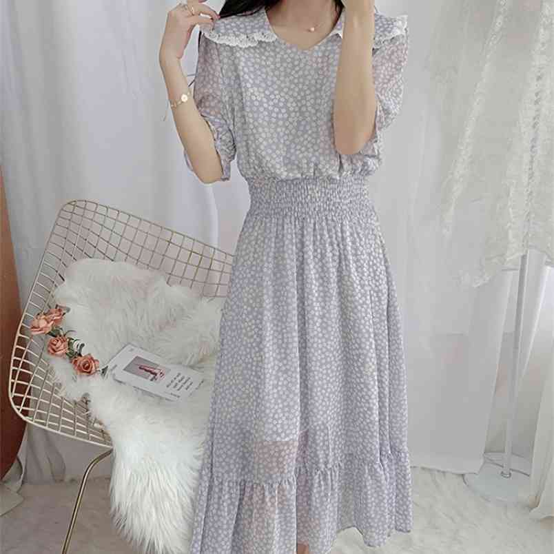 

Korean Fashion Floral Chiffon Dress Women Party Casual Long Sleeve Vintage Female Lace Patchwork Peter Pan Collar Summer 210519, Picture color