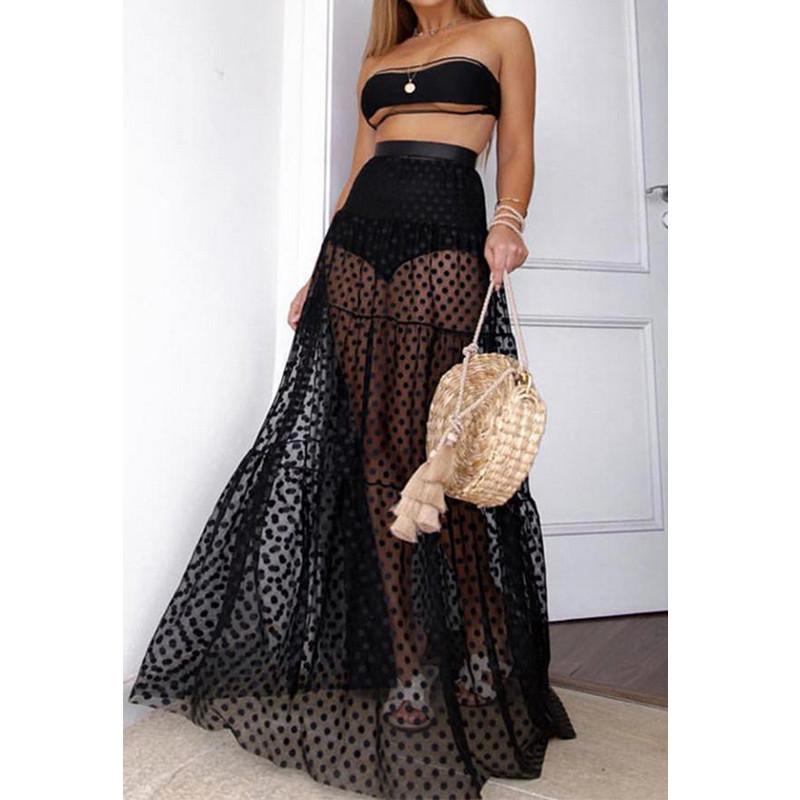 

Skirts 2021 Long Maxi Tulle Skirt Women Ladies Vintage Polka Dot Mesh Sheer See Through A-line High Waist White Black