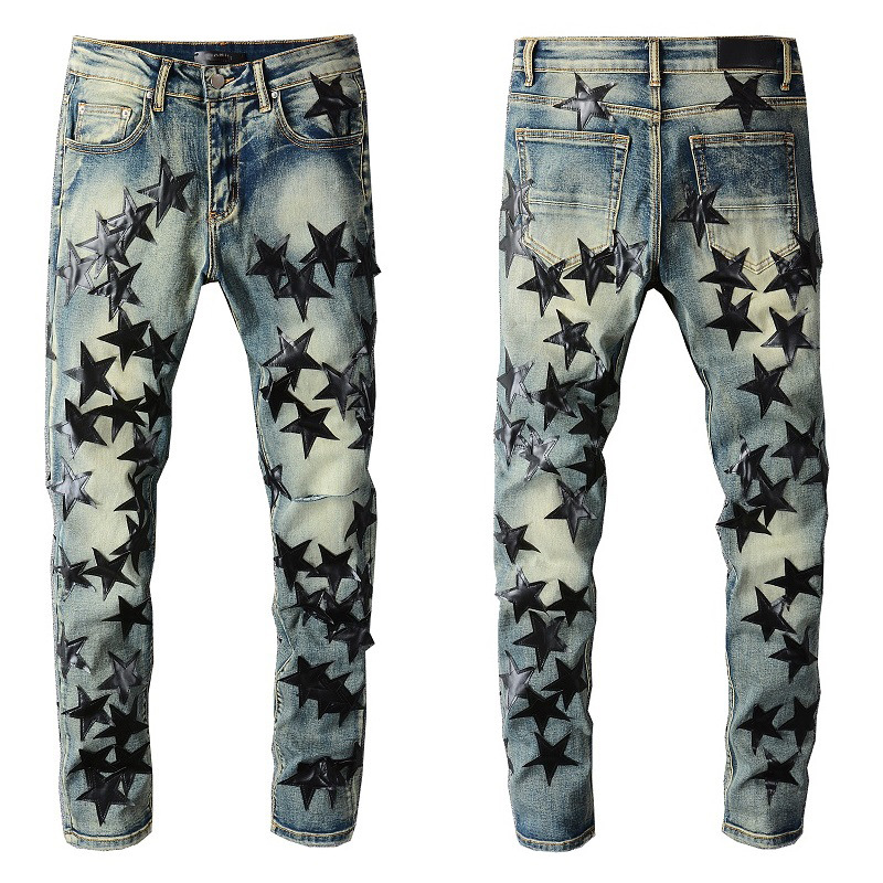 

Pantalon Homme Trendy Jeans Black Star Pattern Patch Street Motorcycle Pants Punk Denim Long Hip Hop Men, Picture