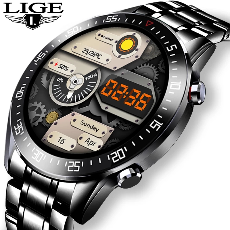 

LIGE New Steel Smart Watch Men Waterproof sport For iPhone Heart rate blood pressure call Information smartwatch Fitness trackerg, Silicone black