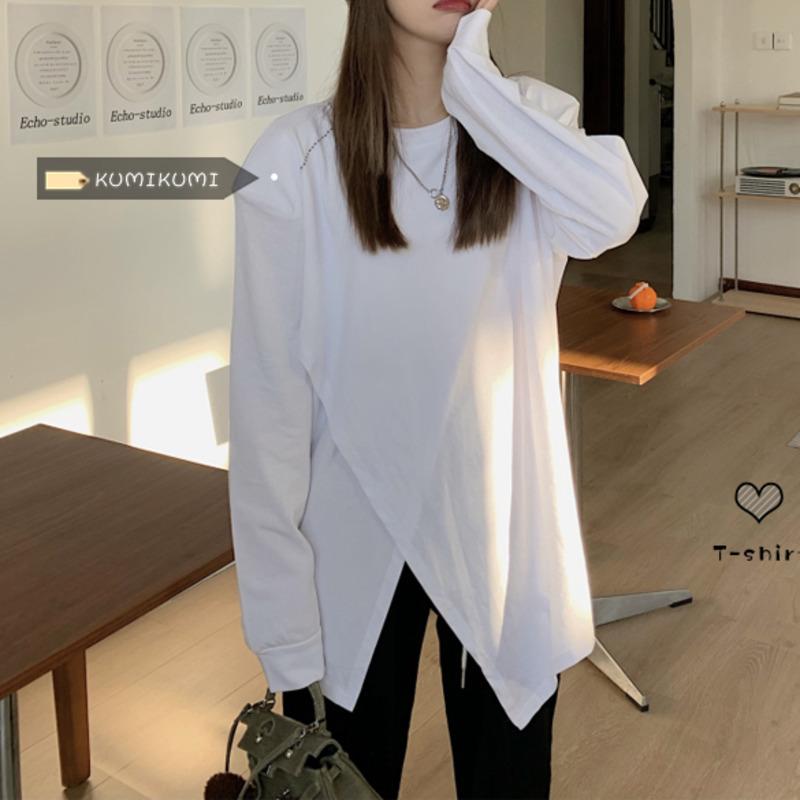 

Women's T-Shirt Bottomed Shirt Autumn Irregular Design Sense Of Minority Split White Loose Shoulder Pad Top, Black