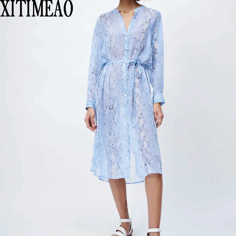 

ZA Women Transparent Dress Spring Summer Vintage Print Casual Long Sleeve Shirt Leisure Vacation Skirt With Belt 210604, Blue