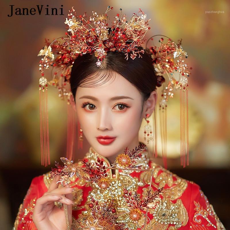 

JaneVini Elegant Chinese Jewelry Beaded Wedding Headdress Earrings Costume Red Flowers Hairpins Tassels Bridal Hair Accessories Clips & Barr, Golden;silver