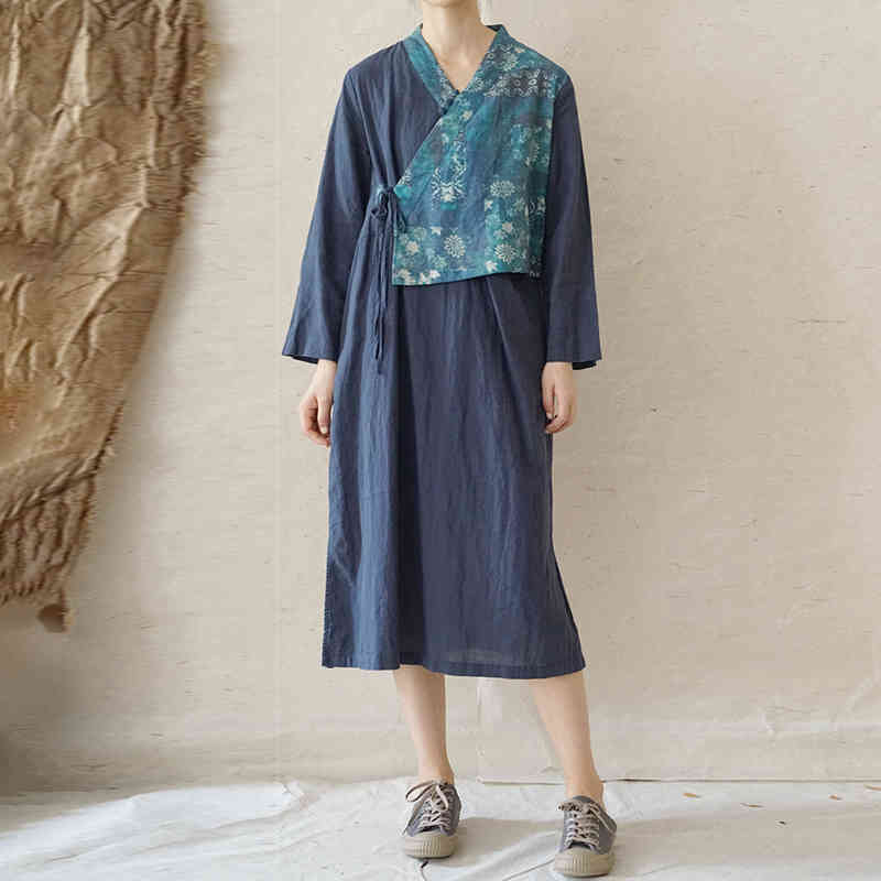 

Johnature Women Chinese Style Wrist Sleever Dress Blet V-Neck Patchwork Print Floral Linen High Quality Vintage Dresses 210521, Blue