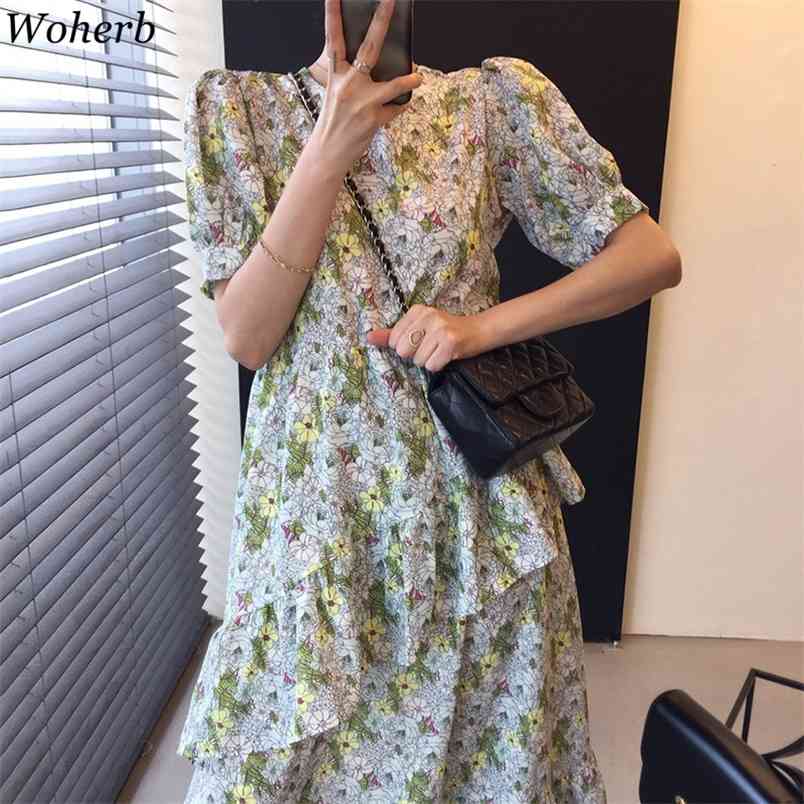 

Korean Chic Robe Summer Women Elegant Ruffles V-neck Dress Lady Floral Pleated Fairy Casual All Match Vestidos 210519, Blue purple