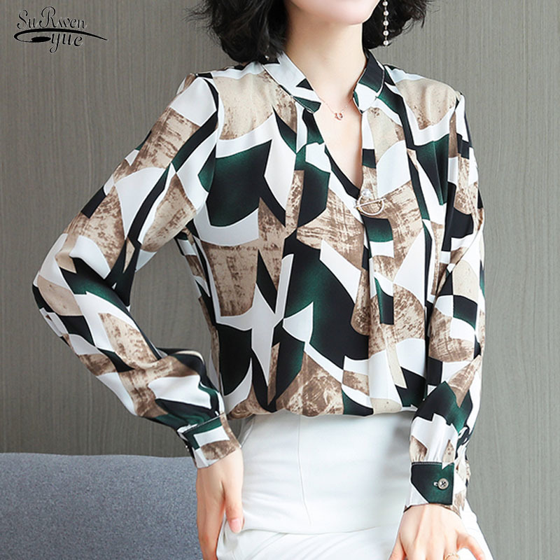 

Autumn V-neck Long Sleeve Chiffon Blouse Women OL Western Style Printed Elegant Chemisier Femme 10465 210521, Picture