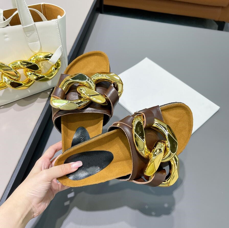 

2021Top Quality luxuries designer Women's metal chain Slippers, brand-name women's sandals Slippers Summer Fashion Wide Flat Flip Flops Brown, Black