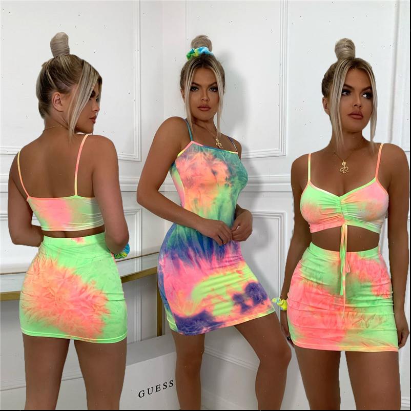 

fashion spaghetti straps tie womens tracksuits dye print drawstring camis skirts summer women ladies party club holiday tracksuit, Gray