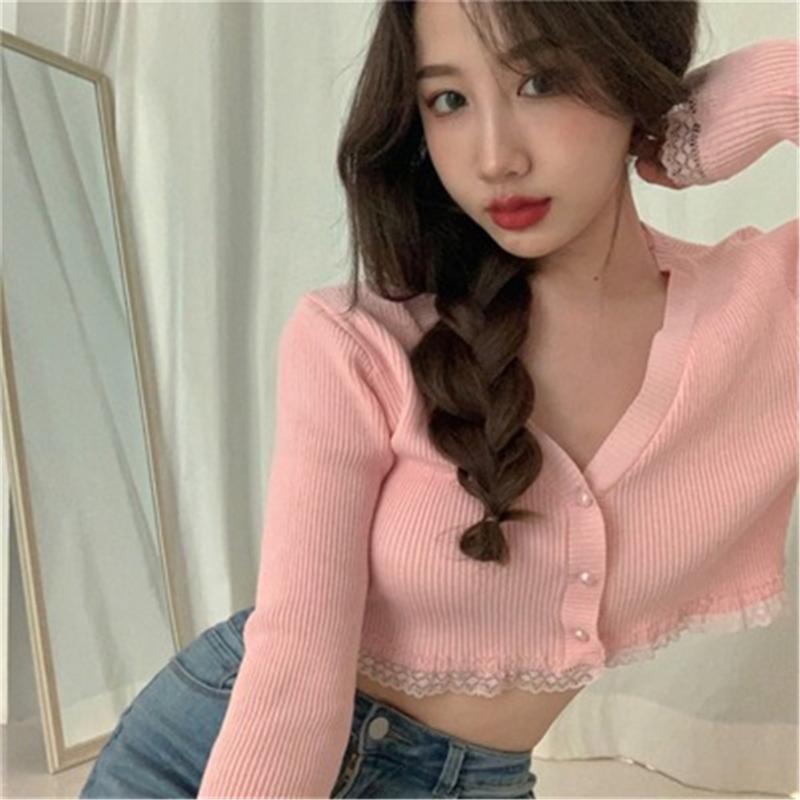 

Women's Knits & Tees Korean Lace Patchwork Knitted T Shirts Women Sexy V Neck Long Sleeve Female Tops Summer 2022 Fashion Slim Fit Ladies PZ, White