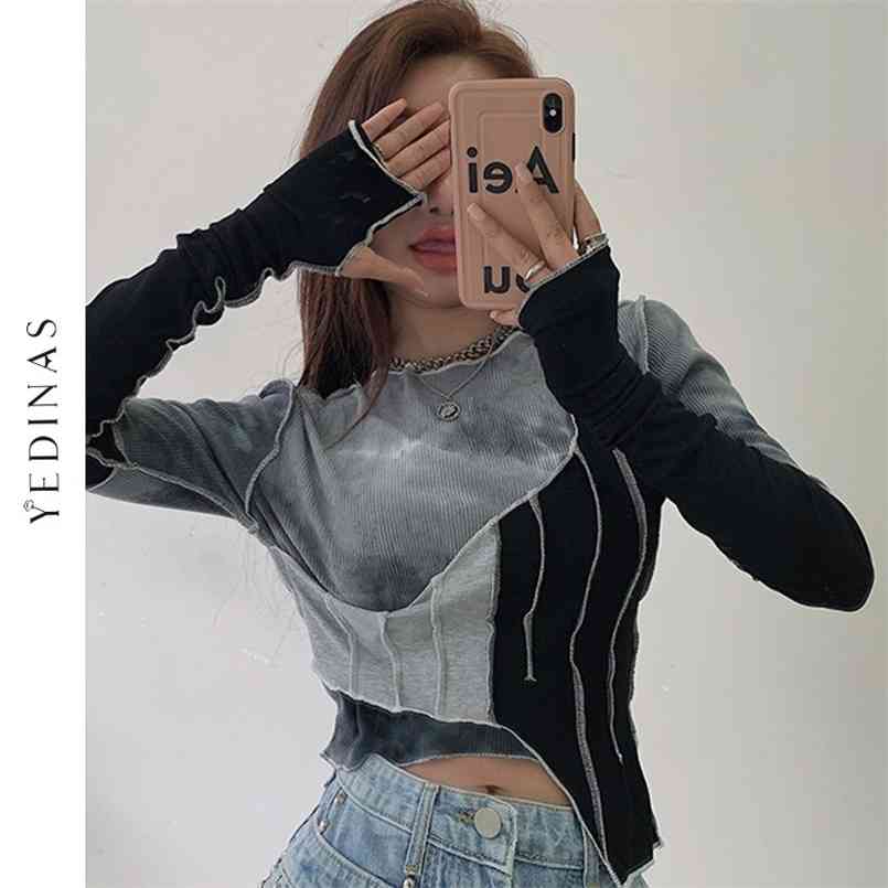 

Yedinas Tie-dye Color Matching Irregular T-shirt Women Sexy Slim Crop Top Chic Design Korean Style Long Sleeve Spring 210708, Like picture