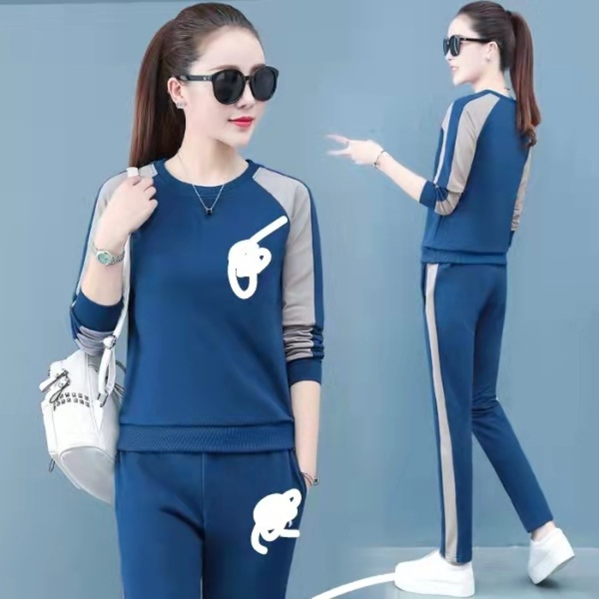 

new leisure sports suit spring and autumn fashion trend korean simple sweater women's two-piece set, Gray