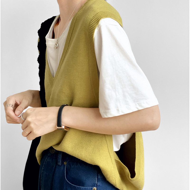 

Early Autumn Pur Color Oversize V Neck Sleeveless Knitted Vest Women Fashion Pullover Base Match Sweater For 210520, Black