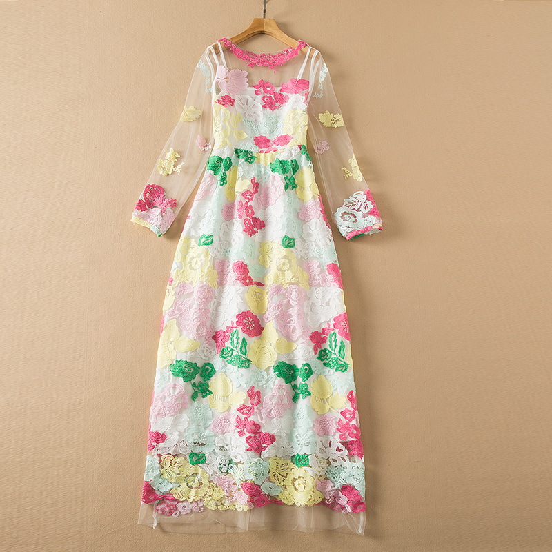 

European and American women' wear spring 2022 new Transparent long sleeve Fashion floral embroidered gauze dress, Multi