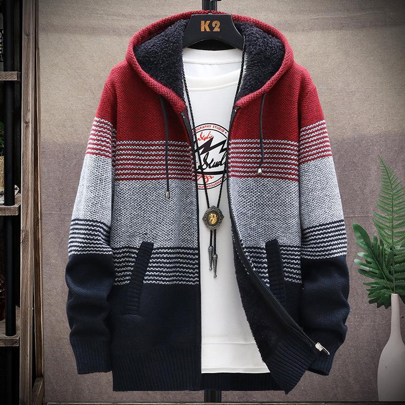 

Men's Sweaters Cardigan Men Coats Winter Fleece Knitted Sweater Jacket Mens Striped Coat Warm Zipper Wool Hooded, White;black