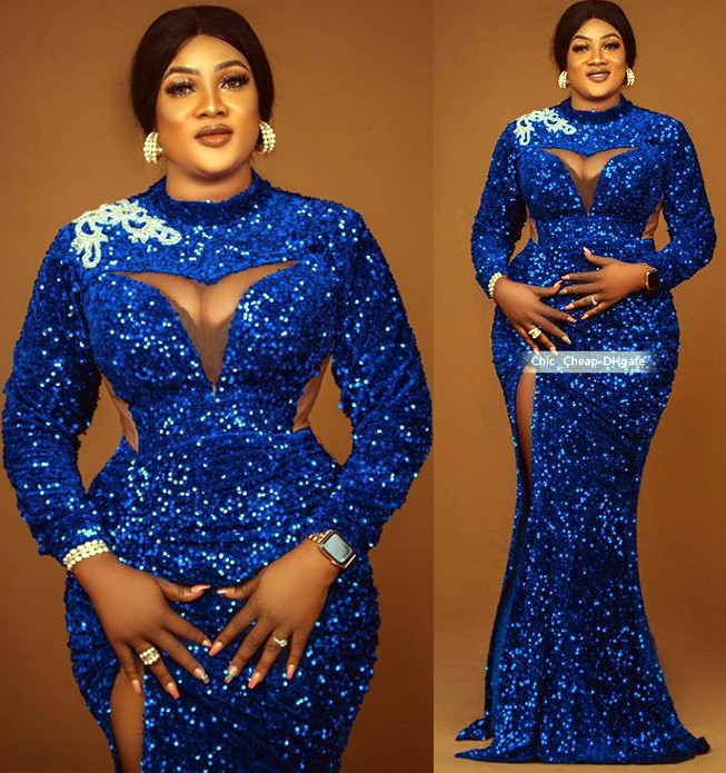 

2021 Plus Size Arabic Aso Ebi Royal Blue Mermaid Prom Dresses High Split Sequined Evening Bridesmaid Formal Party Second Reception Gowns Dress ZJ216, Dark navy