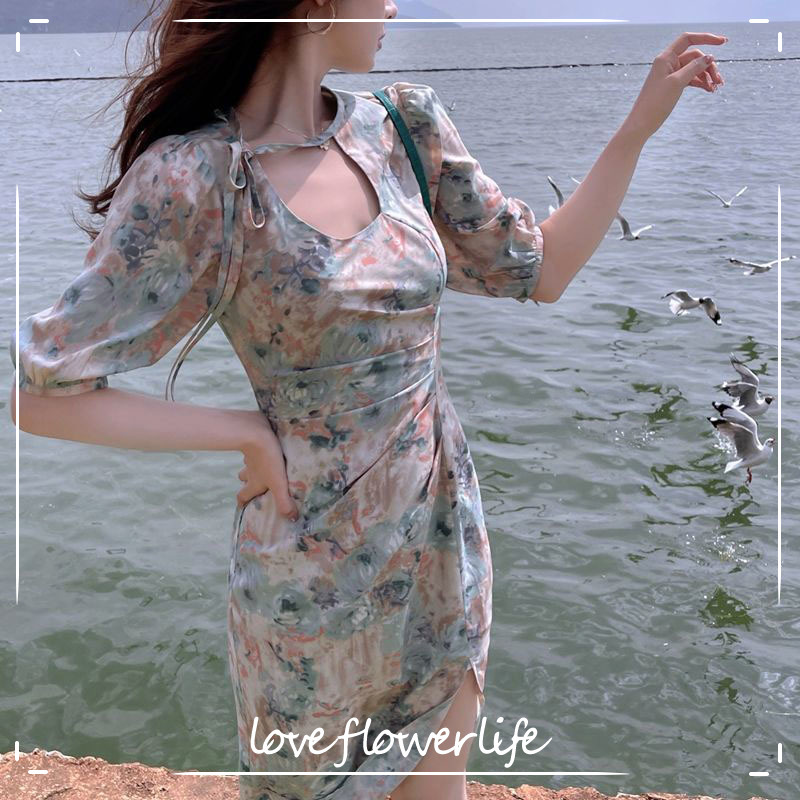 

Vintage Women Dresses Summer Slim Chiffon Floral O-Neck Green Dress Female Design Office Beach Vintage Midi Dress Frances 210521, White