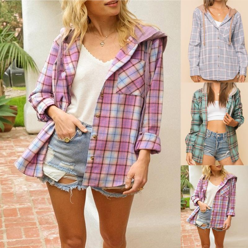 

Women's Trench Coats Womens Fall Hooded Blouse Plaid Shirt Long Sleeve Drawstring Casual Top, Tan;black