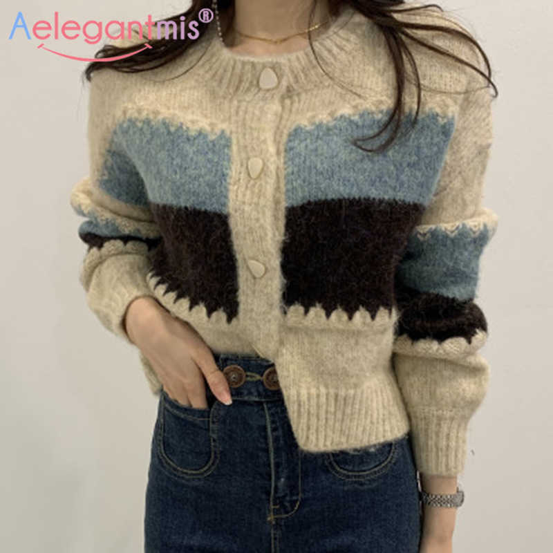 

Aelegantmis Vintage Fashion Striped Cardigan Sweater Women Korean Design Knitted Jacket Button Stylish Femme 210607, Apricot