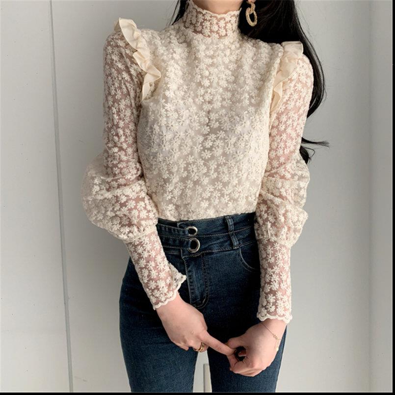 

Women Blouses Apricot Lace Delicate Turtleneck Floral Chic Basic All Match Elegant Casual Office Lady Loose Shirts, White