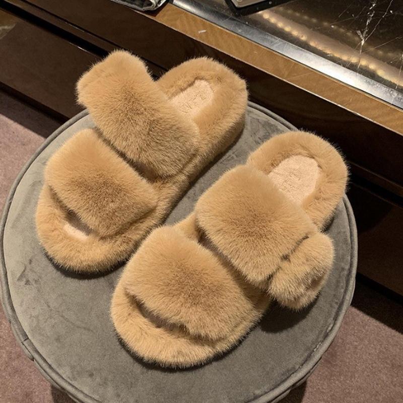 

Slippers Indoor Women Fur Fluffy Soft Furry Slides Thick Flats Heel Non Slip Warm House Plush Ladies Luxury Footwear, B-beige