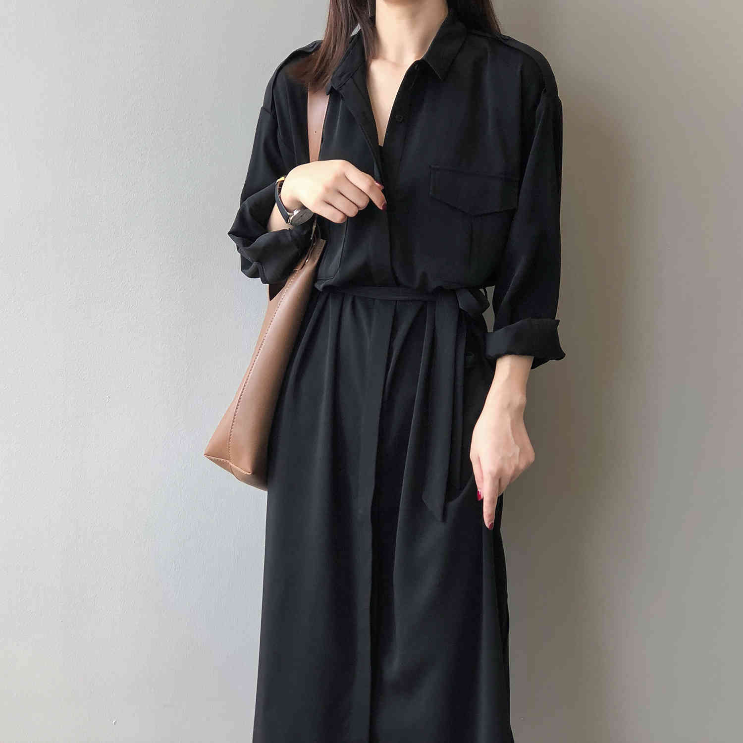 

Women's T-Shirt Spring French Light Mature Long Casual Slim Solid Mid-calf Vestidos Korean Vintage Straight TC2J, Shallow khaki