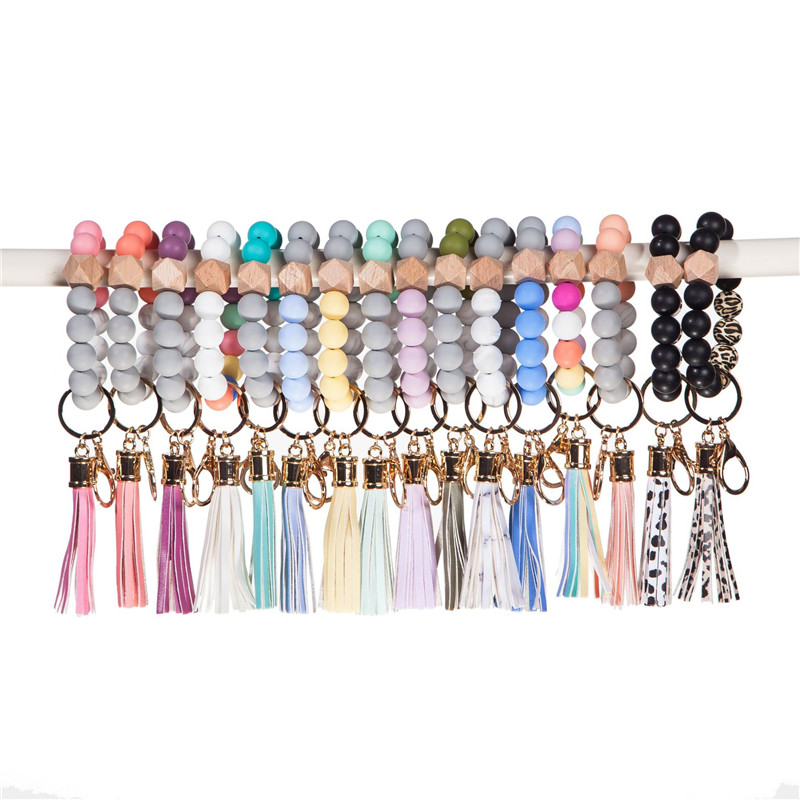

High Quality Fashion Silicone Bead Bracelets Beech Tassel Key Chain Pendant Leather Bracelet Women's Jewelry 14 Style