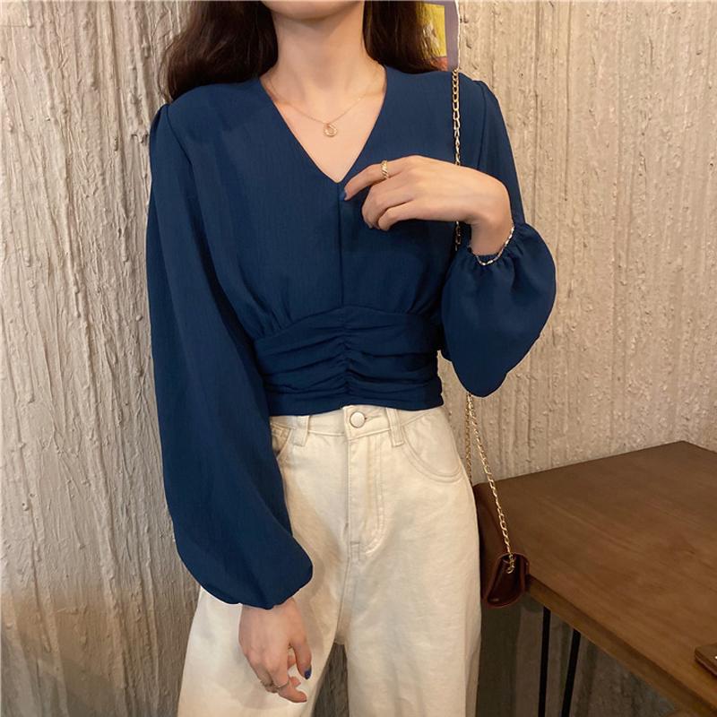

Women's Blouses & Shirts 2021 Early Autumn Women Fashion V-neck Design Slim Waist Chiffon Long Sleeve Top Temperament Office Ladies Femme Bl, Blue
