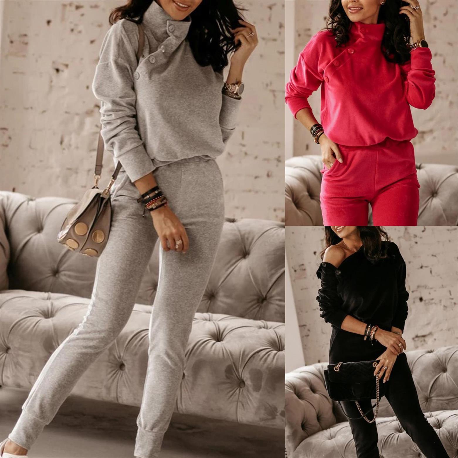 

plus size autumn casual womenpant long sleeve turtle neck buttons blouse sweatshirt pants tracksuit outfit warm clothes for female, White