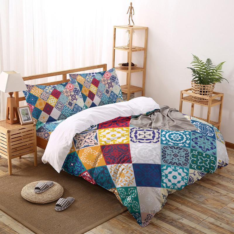 

Bedding Sets Blue Multigrid Morocco Printing Set Duvet Cover Bed Linens Bedclothes Home Textile  Full Queen King Size, As pic