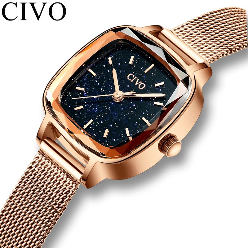 

Wristwatches CIVO Relogio Women Watches Starry Dial Ladies Dress Stainless Steel Strap Waterproof Quartz Clock Gift, Mesh blue