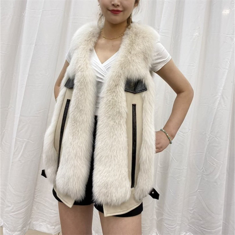 

Women's Trench Coats 2021 natural fox fur vest real gilet winter high quality women with genuine sheepskin leather K27E, Beige