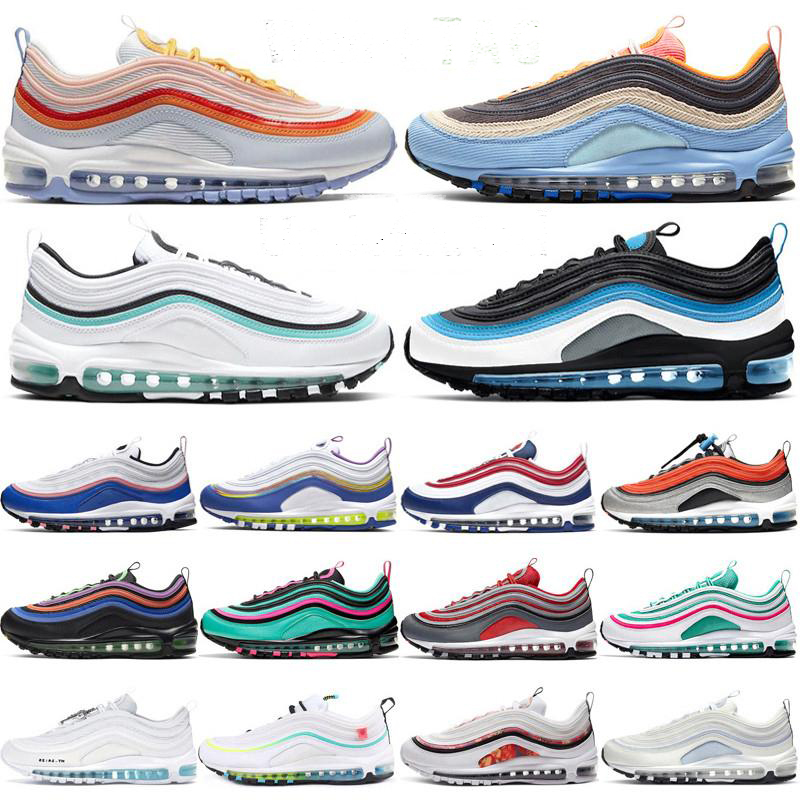

Undefeated Cushion 97 OG Mens Women Running Shoes Designer 97s Aqua Blue Aurora Green Black Multi USA Sky Sneakers Trainers, Shoeslace