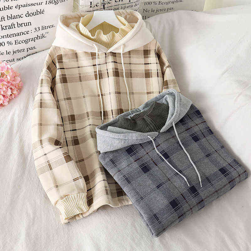 

Women Fleece Hoodies Sweatshirt Winter Plaid Pirnted Cotton Hooded Sweatshirt Casual Loose Hooded Pullover Oversize Jacket 211108, Apricot