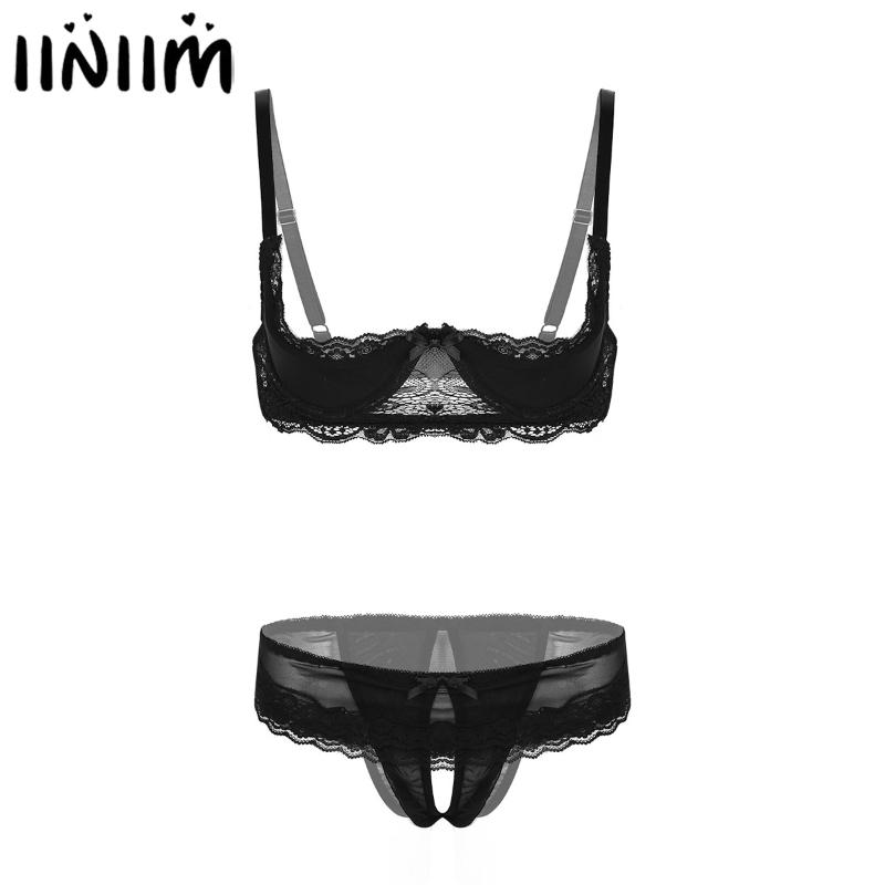 

Bras Sets Women Micro Bikini Lace Lingerie Set Sissy Erotic Underwear 1/4 Cup Unlined Shelf Bra With Open Crotch Briefs Exotic Apparel, Black