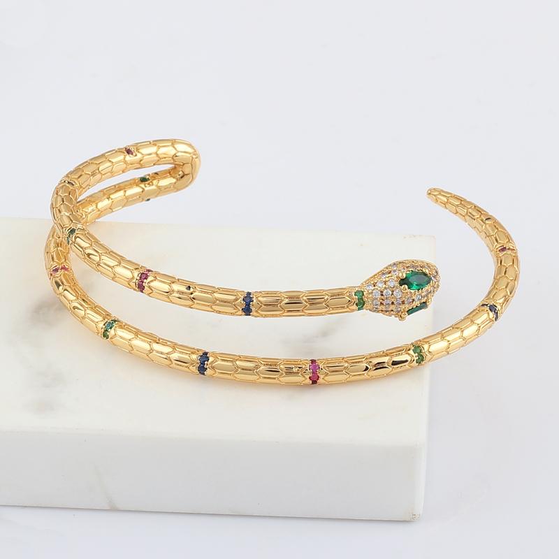 

Bangle Design Sense Green Eye Double Line Snake Ring Color Zircon Bracelet Copper Gilded Luxury Handmade Retro Jewelry For Women