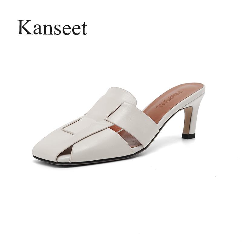 

Kanseet 2021 Summer Arrival Woman's Slippers Brown Blue White Genuine Leather Elegant Handmade High Heels Shoes, Blue slippers