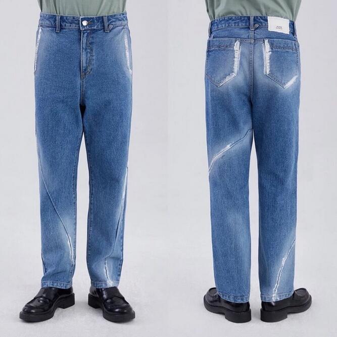 

2021 Jeans Men Women 1 High Quality Waist Patch Label Blue Trouser Legs Patchwork