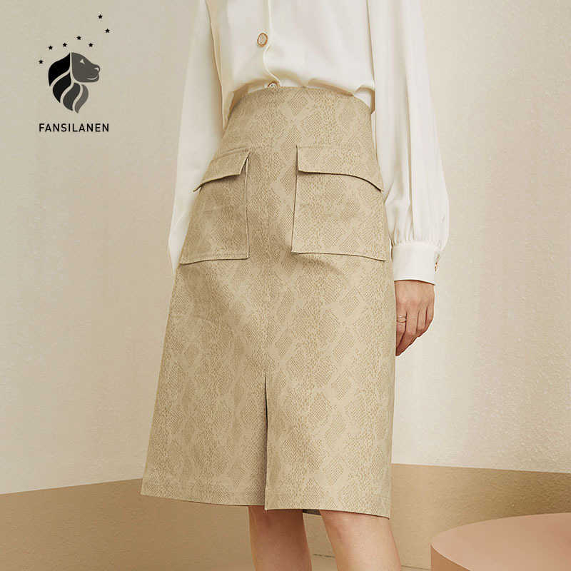 

FANSILANEN Leopard print vintage long a-line skirt Women elegant pocket high waist Spring sexy split office lady 210607, Apricot