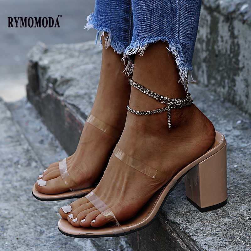 

RYMOMODA Women Sandals Summer 2021 Fashion Sexy Transparent PVC Belt Open-Toe Slip-On Quality High Heel Slippers Shoes Size 43 Y0721, Black
