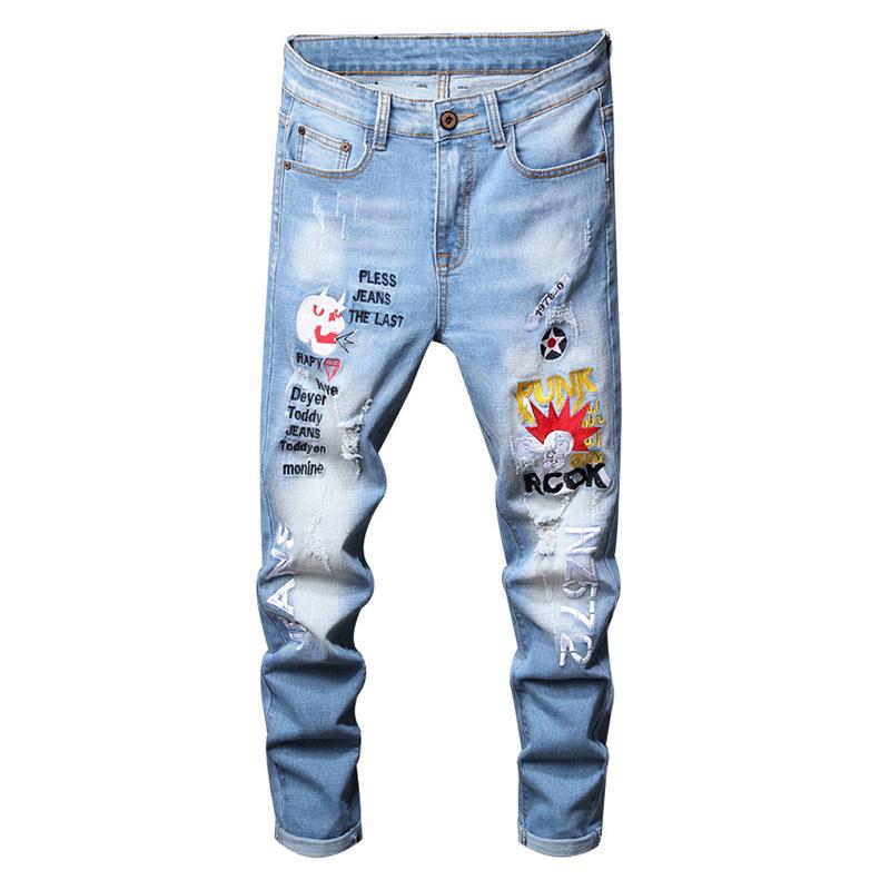 

Sokotoo Men's Letters Embroidery Ripped Jeans Fashion Streetwear Badge Holes Distressed Slim Denim Pants Blue Black