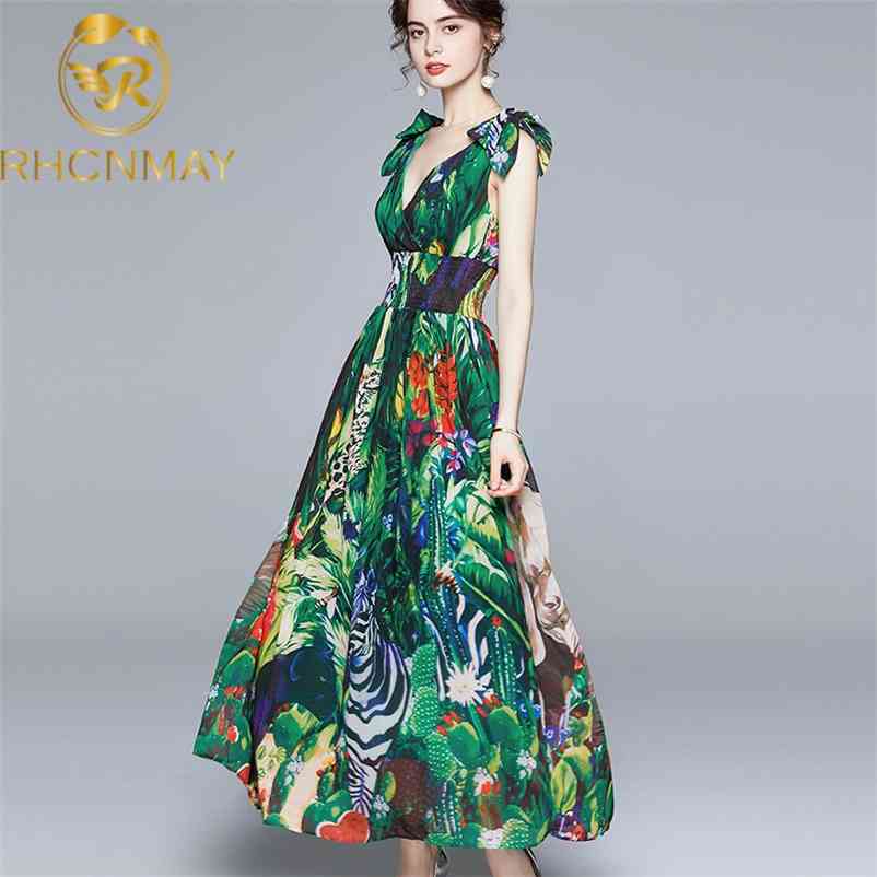 

Summer Runway Maxi Dress Women's V-Neck Bow tie Strap elastic Waist Green Jungle Print Holiday Boho Chiffon Long Dress 210515, Picture color