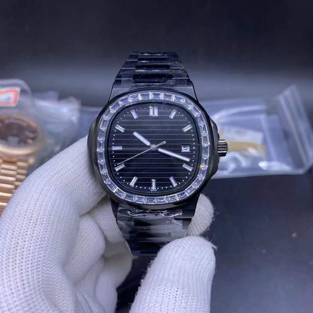 

Luxury Men's Watch Diamond Dial Black Stainless Steel Strap Full Automatic Date, Black face