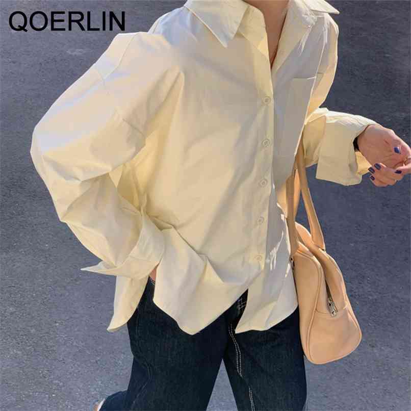 

Korean Style OL Solid White Blouse Loose Lapel Mid-length Shirt Long Sleeve Tops Women Jacket Pink 210601, Baby blue