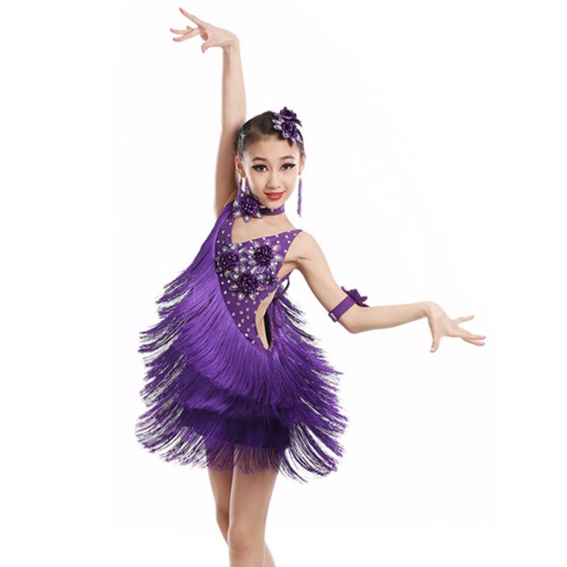 

Stage Wear Child Kid Children Professional Latin Dance Dress For Girls Ballroom Dancing Dresses Kids Red Sequin Fringe Salsa Tassel, Purple