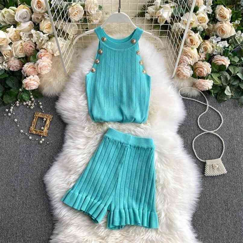 

Summer Sexy Sheath Knitted 2 piece set Button Halter Tank Tops and High waist Wide-leg Shorts Suits Women Knitwear 210602, Sky blue